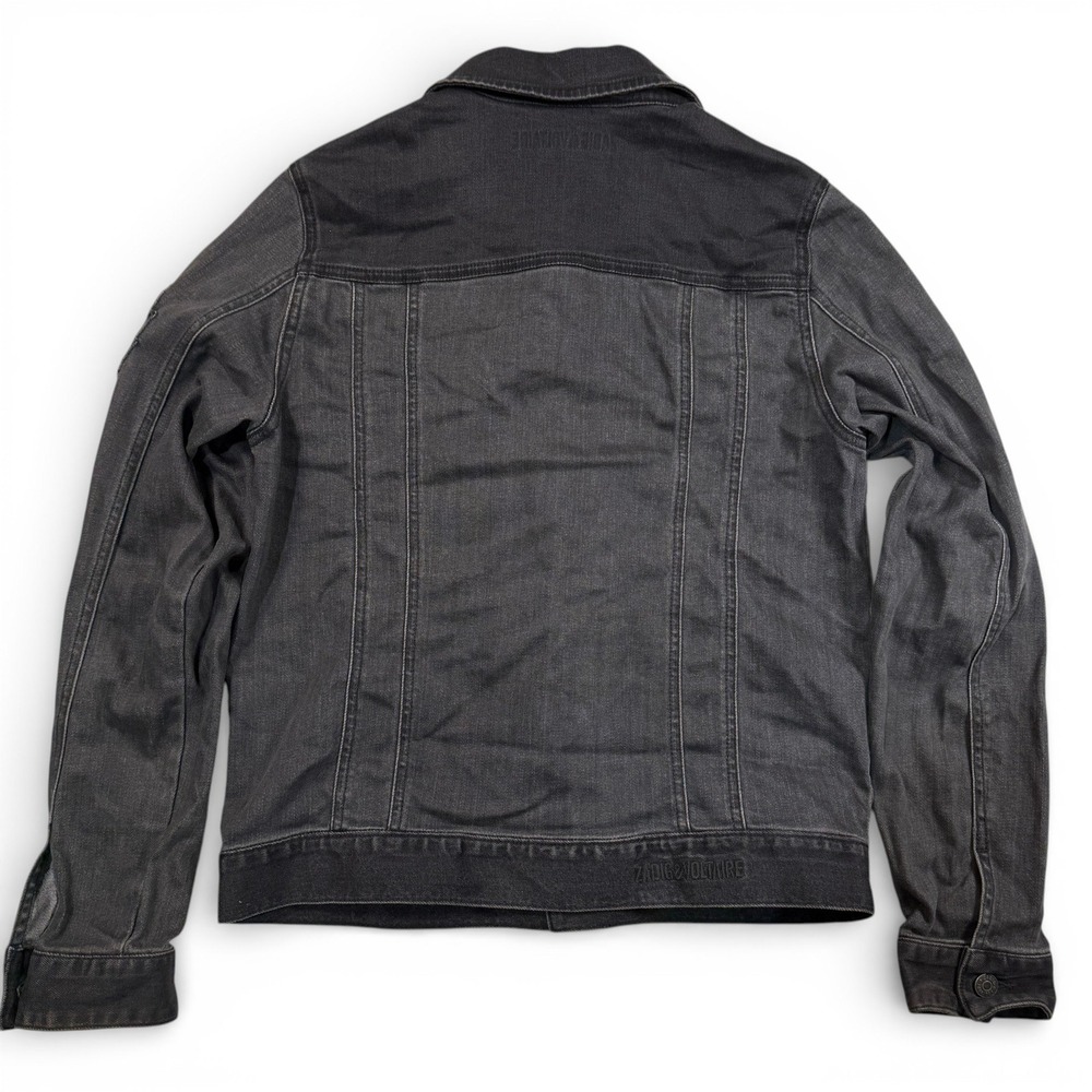 Zadig & Voltaire Noah Faded Black Denim Trucker Jacket Skull Patch Womens 14-S - Picture 2 of 15
